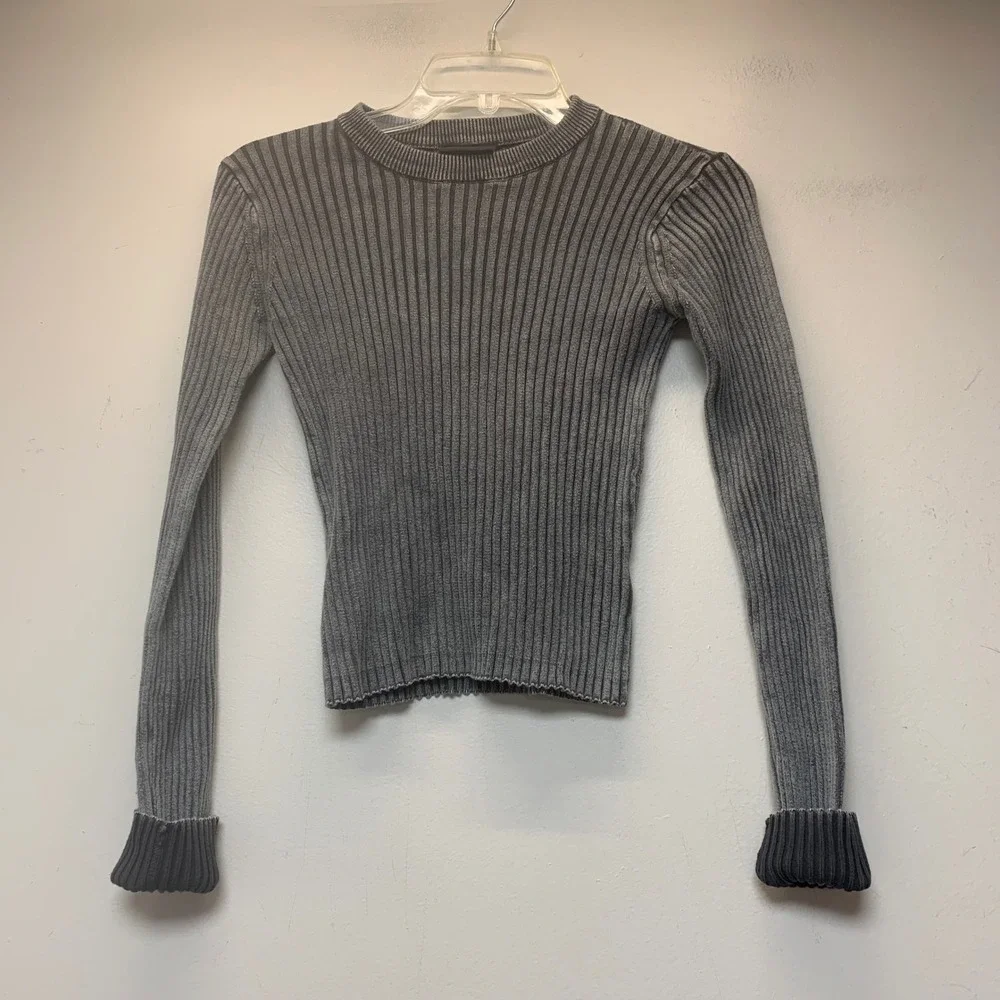 Miou Muse Ribbed Knit Sweater Womens Small Grey Excellent Cotton Long Sleeve T29